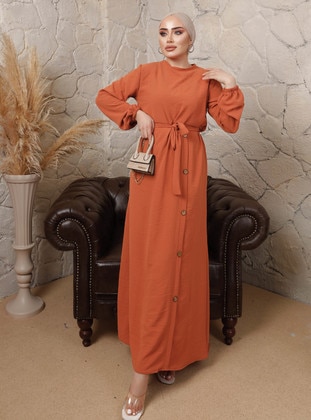 Brick Red - Crew neck - Unlined - Modest Dress - Modaefa