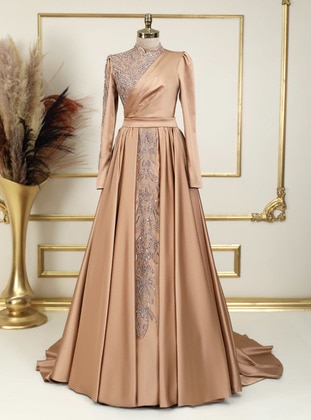 Copper color - Fully Lined - Crew neck - Modest Evening Dress - Senshe