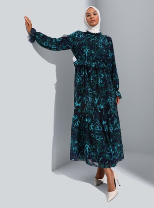 Green - Leopard - Crew neck - Fully Lined - Modest Dress - Refka