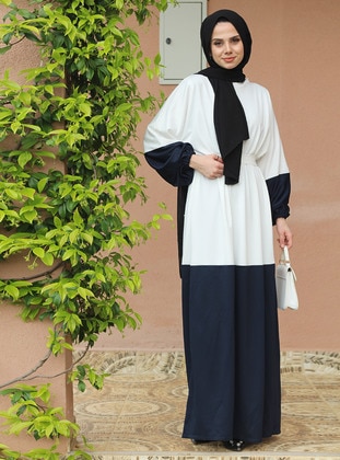 Navy Blue - White - Unlined - Modest Dress - Uruba Giyim