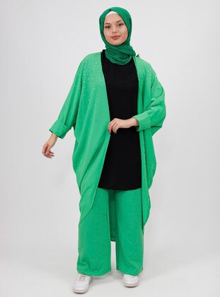 Unlined - Green - Double-Breasted - Kimono - Armağan Butik