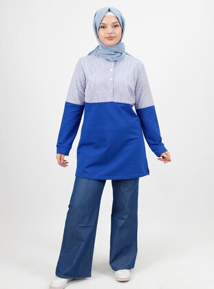 Cuban Collar - Stripe - Navy Blue - Sweat-shirt - Armağan Butik