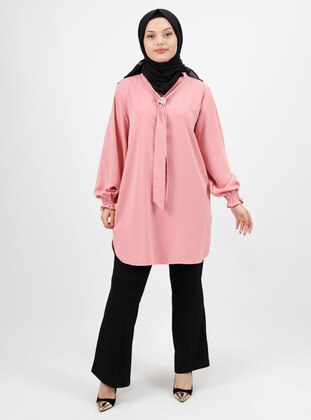 Powder Pink - Cuban Collar - Plus Size Tunic - Armağan Butik