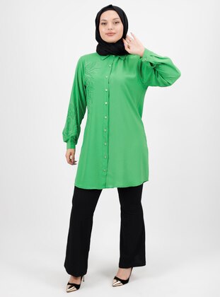 Green - Cuban Collar - Plus Size Tunic - Armağan Butik
