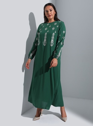 Büyük Beden Doğal Kumaşlı Etnik Desenli Elbise - Zümrüt Yeşili - Alia
