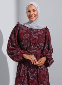 Maroon - Shawl - Crew neck - Fully Lined - Modest Dress