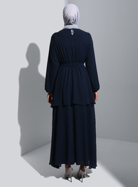 Brit Detail Layered Chiffon Modest Dress Midnight Blue Refka