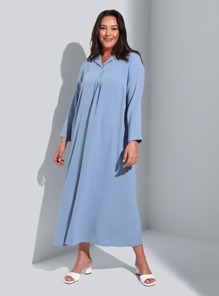 Icy Blue - Unlined - Point Collar - Plus Size Dress - Alia