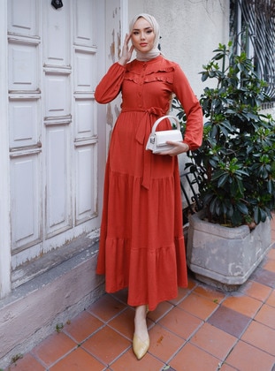 Brick Red - Crew neck - Unlined - Modest Dress - Burcu Fashion