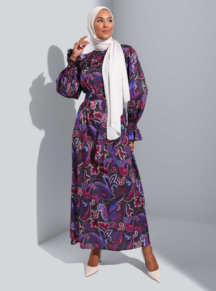 Maroon - Floral - Lined Collar - Unlined - Modest Dress - Refka