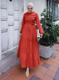 Brick Red - Crew neck - Unlined - Modest Dress