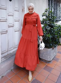 Brick Red - Crew neck - Unlined - Modest Dress