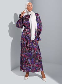 Maroon - Floral - Lined Collar - Unlined - Modest Dress