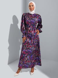 Maroon - Floral - Lined Collar - Unlined - Modest Dress