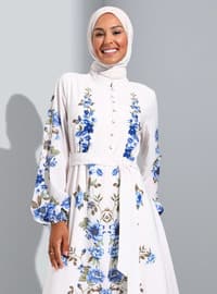 Blue - Floral - Button Collar - Unlined - Modest Dress
