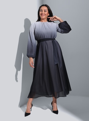 Black - Gray - Plus Size Evening Dress - Alia