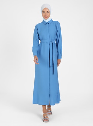 Saxe Blue - Floral - Cuban Collar - Unlined - Modest Dress - Tavin