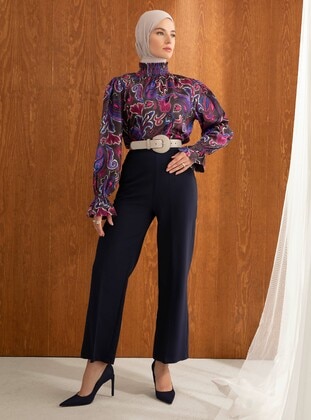 Maroon - Floral - Lined Collar - Blouses - Refka