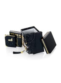 Kaaba Patterned Special Boxed Mevlüt Gift Set - Lace Scarf - Essence - Pearl Prayer Beads - Velvet Covered Yasin Book - Black