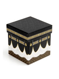 Kaaba Patterned Special Boxed Mevlüt Gift Set - Lace Scarf - Essence - Pearl Prayer Beads - Velvet Covered Yasin Book - Black