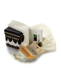 The Kaba-patterned Special Boxed Mevlut Gift Set - Embroidered Prayer Rug - Ravza Scent - Pearl Tasbih - Velvet Tasbih Cream