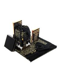Kaaba Patterned Gift Mevlüt Set Black With Prayer Rug in Special Box