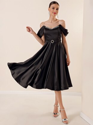 Unlined - Black - V neck Collar - Evening Dresses - By Saygı