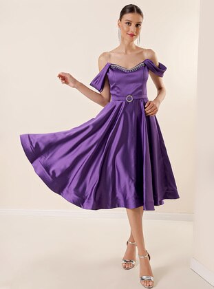 Unlined - Purple - V neck Collar - Evening Dresses - By Saygı