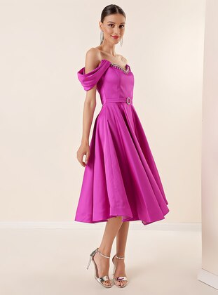 Unlined - Fuchsia - V neck Collar - Evening Dresses - By Saygı