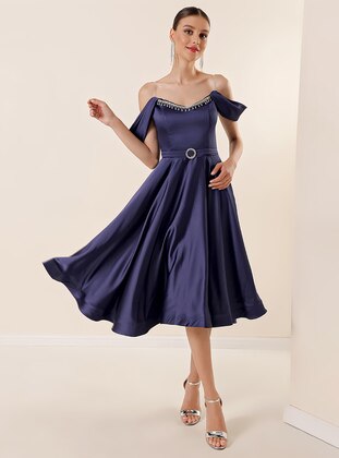 Unlined - Navy Blue - V neck Collar - Evening Dresses - By Saygı