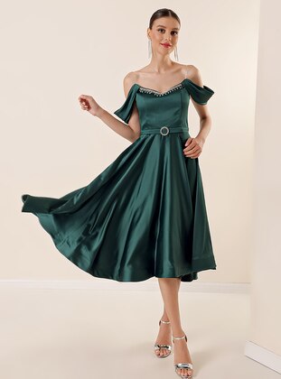 Unlined - Emerald - V neck Collar - Evening Dresses - By Saygı