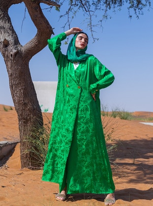 Green - Multi - Unlined - V neck Collar - Abaya - AL SHEIKHA