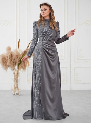 Anthracite - Fully Lined -  - Modest Evening Dress - Aslan Polat
