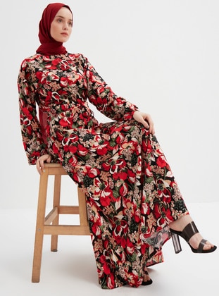 Black - Red - Floral - Crew neck - Unlined - Modest Dress - Womayy