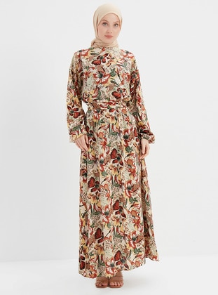 Stone Color - Floral - Crew neck - Unlined - Modest Dress - Womayy