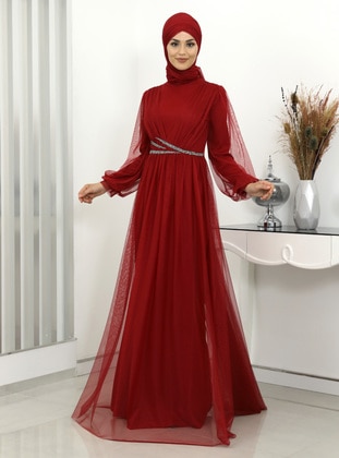 Red - Fully Lined - Crew neck - Modest Evening Dress - Piennar