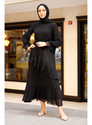 SARETEX Black Modest Evening Dress