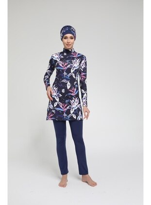 Exotic Patterned Closed Hijab Swimsuit 2274 Navy Blue
