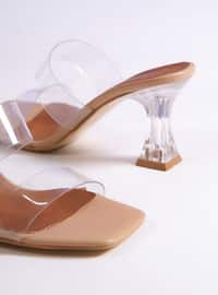 Nude - Heeled Slippers - Faux Leather - Slippers