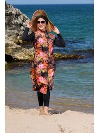 Black - Floral - Fully Lined - Full Coverage Swimsuit Burkini