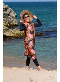 Black - Floral - Fully Lined - Full Coverage Swimsuit Burkini
