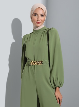 Unlined - Crew neck - Olive Green - Evening Jumpsuits - Refka