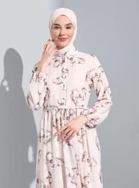 Cream - Coffee Brown - Multi - Crew neck - Fully Lined - Modest Dress