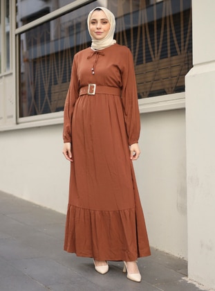 Brown - Crew neck - Unlined - Modest Dress - ZENANE