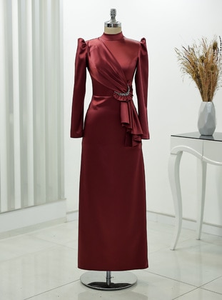 Burgundy - Unlined - Crew neck - Modest Evening Dress - Rana Zenn