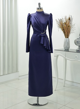 Navy Blue - Unlined - Crew neck - Modest Evening Dress - Rana Zenn