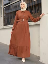 Brown - Crew neck - Unlined - Modest Dress