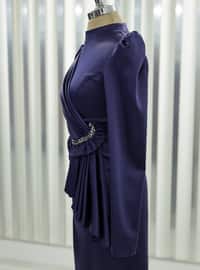 Navy Blue - Unlined - Crew neck - Modest Evening Dress