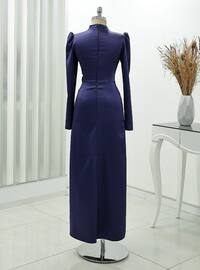 Navy Blue - Unlined - Crew neck - Modest Evening Dress