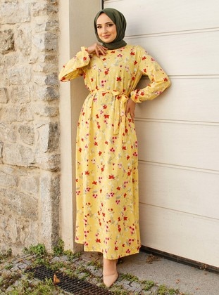 Yellow - Floral - Modest Dress - Por La Cara